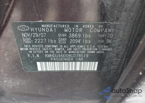 2008 Hyundai Elantra Gls/Se from USA, damaged, VIN KMHDU46D08U378519